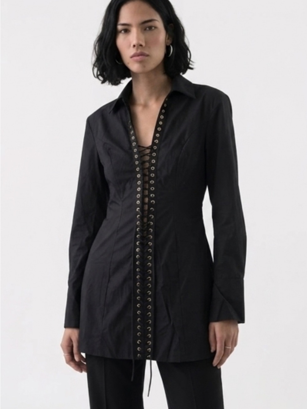 Black Lace-Up Long Sleeve Cotton Blouse